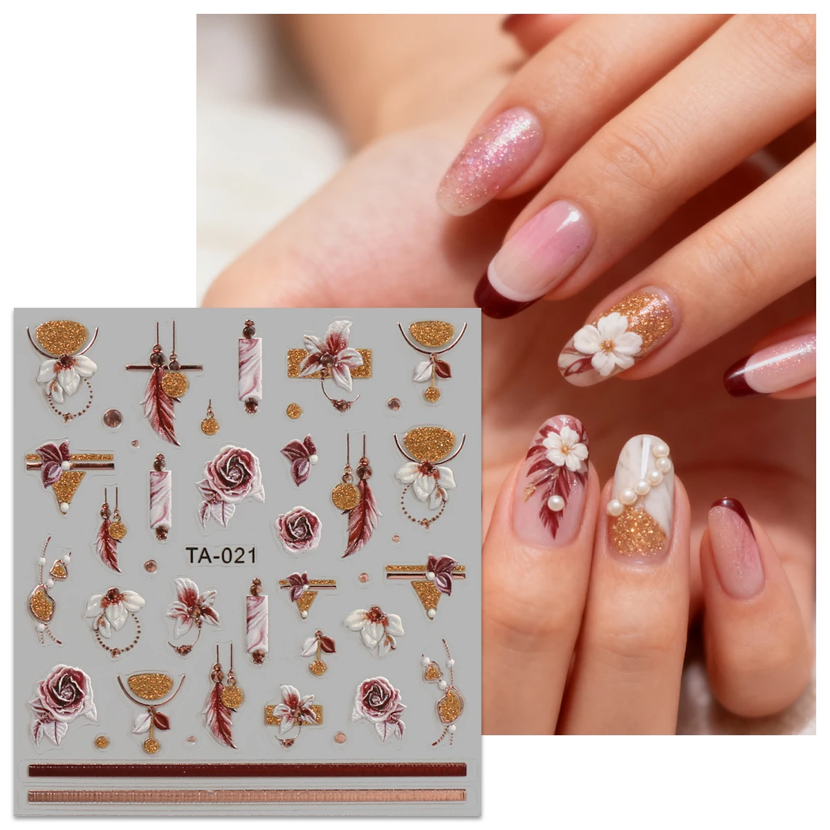 Autocollants pour Nail Art en relief, fleur rétro d'hiver, paillettes françaises, faciles à appliquer pour la décoration des ongles, le bricolage, le cadeau, le maquillage de fête, 2 pièces