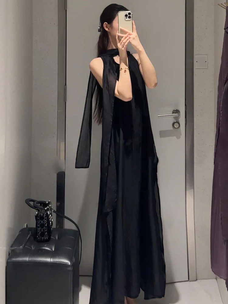 فستان صيفي طويل جديد بتصميم كوري فاخر مع ياقة وشاح، ضيق ومريح، تنورة ميدي بخصر مرتفع للنساء