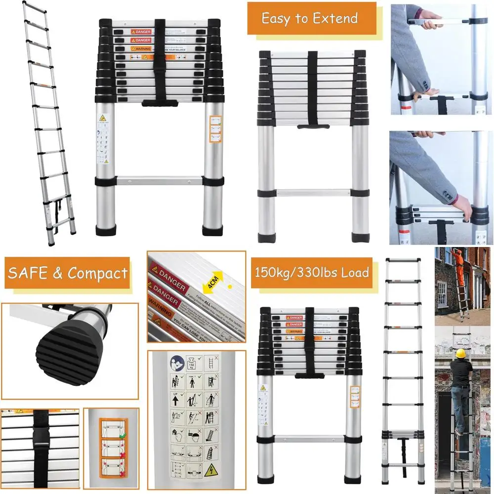 

Heavy-Duty Aluminum Telescoping Extension Ladder, 10.5ft Multi-Purpose Portable, 330lbs Capacity, EN131 Certified, Long-Term Dur