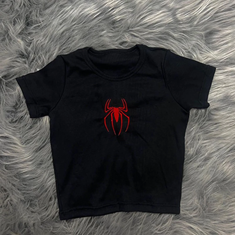 Red Spider Embroidery Pattern T-shirt Aesthetic Y2k Gothic Crop Tops Short Sleevle Harajuku Streetwear Black Women Clothes