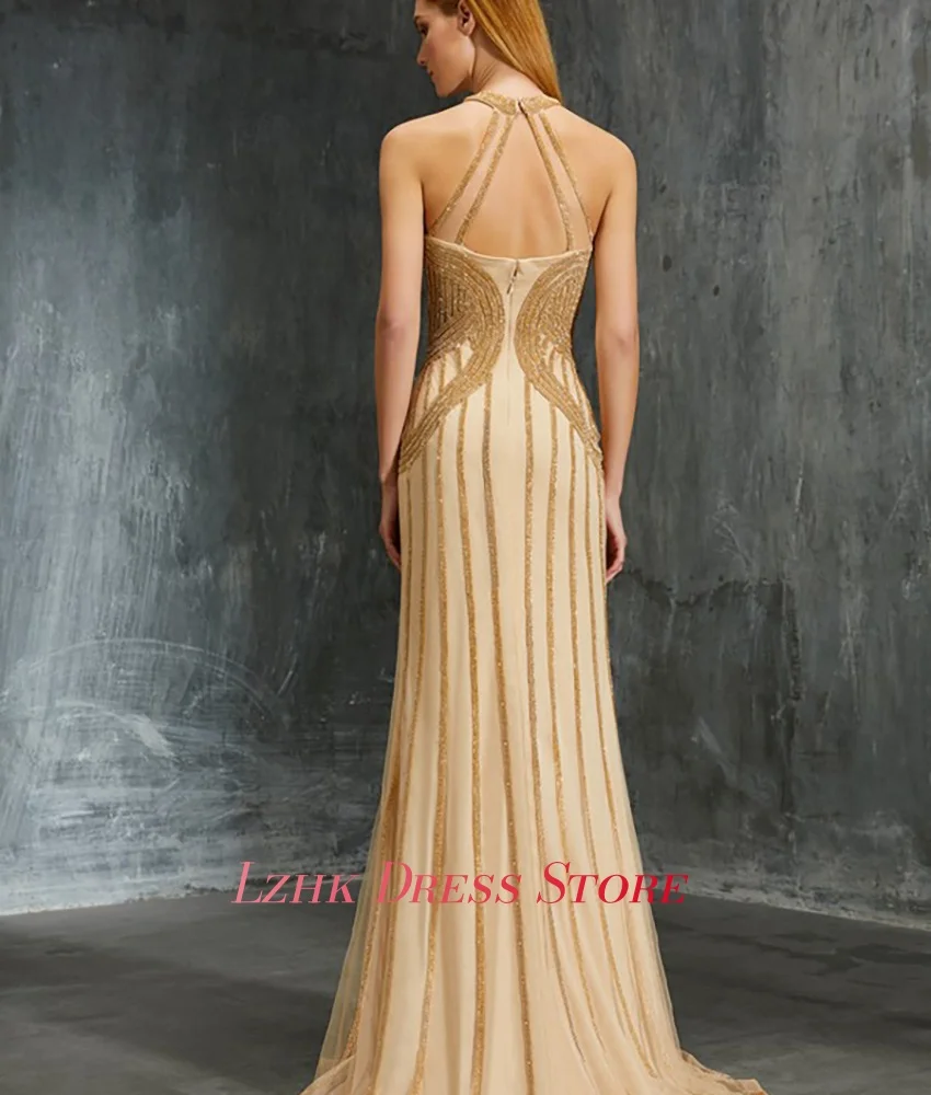 Abito da sera con perline con paillettes a sirena in organza sexy personalizzato Abiti da celebrità senza maniche con lunghezza al pavimento di alta qualità