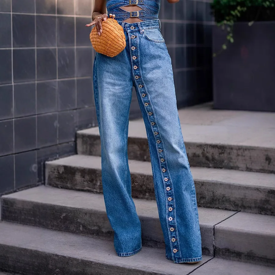 

Jeans Women Wide Leg Pants Vintage Trousers High Waist Multiple Buttons Distressed Washed Mom Y2k Streetwear Denim Floor Length