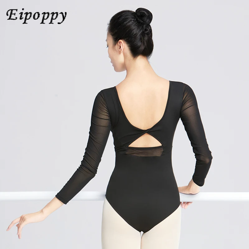Justaucorps de ballet à manches longues en maille patchwork pour femmes, olympiques de batterie de danse AqKink, olympiques de ballerine pour adultes, noir