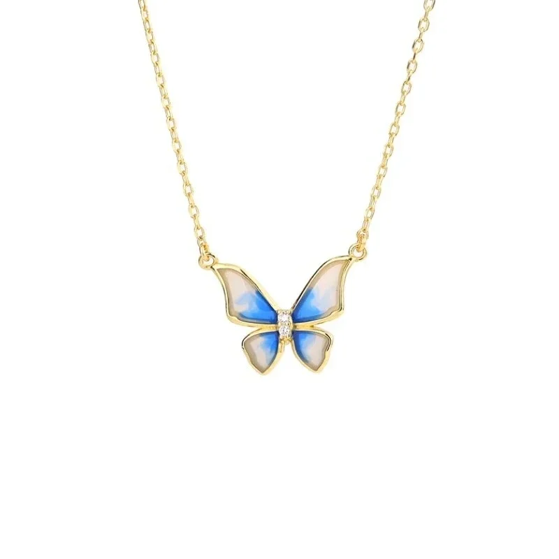 Gradient Blue White Enamel Butterfly Pendant Necklace CZ Dainty Oval Cable Chain Fairy Collar Jewelry For Women
