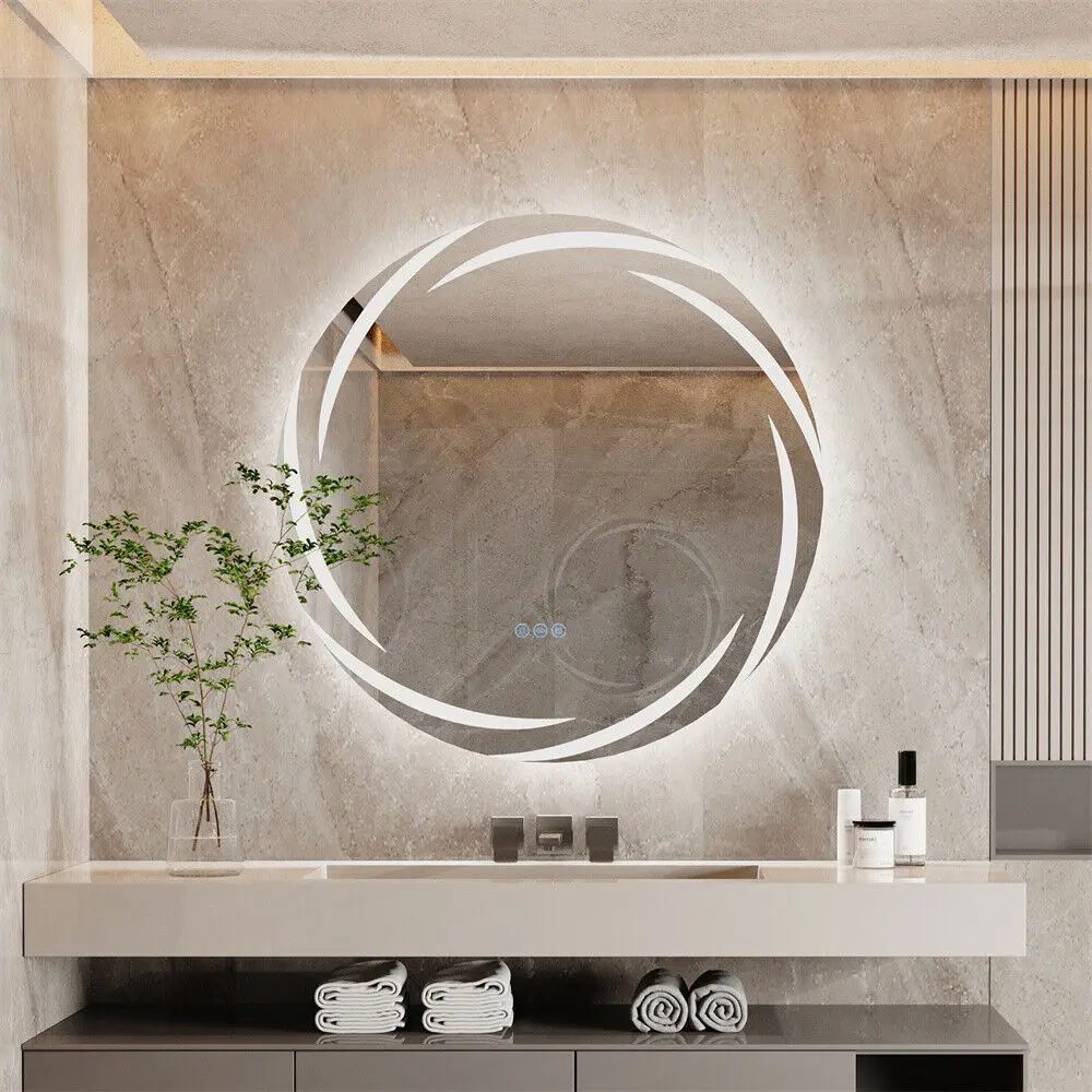 LED Bathroom Mirror Whirlwind Patterned Vanity Mirror 60/80CM Round Wall Lighted Mirror Dimmable with 3 Colors Anti-fog Memory