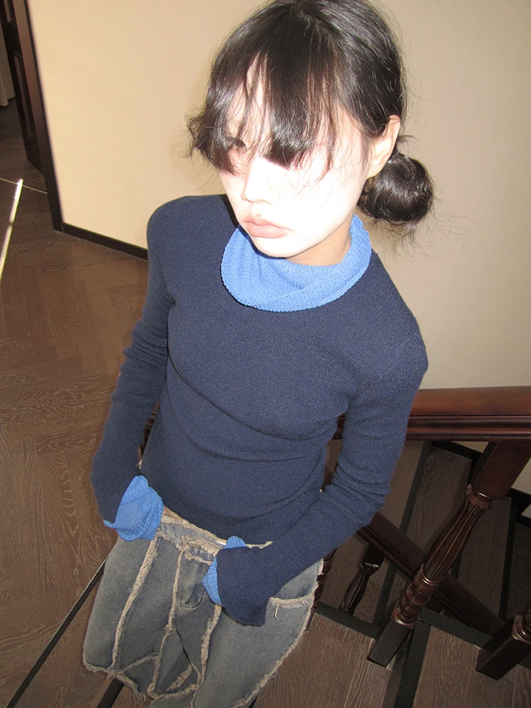 

Women's f High Collar Knitted Base irt Inner Wear Sweater Splicing Knitted Top Casual Sle Slim Fit Wool Blend Long Sve