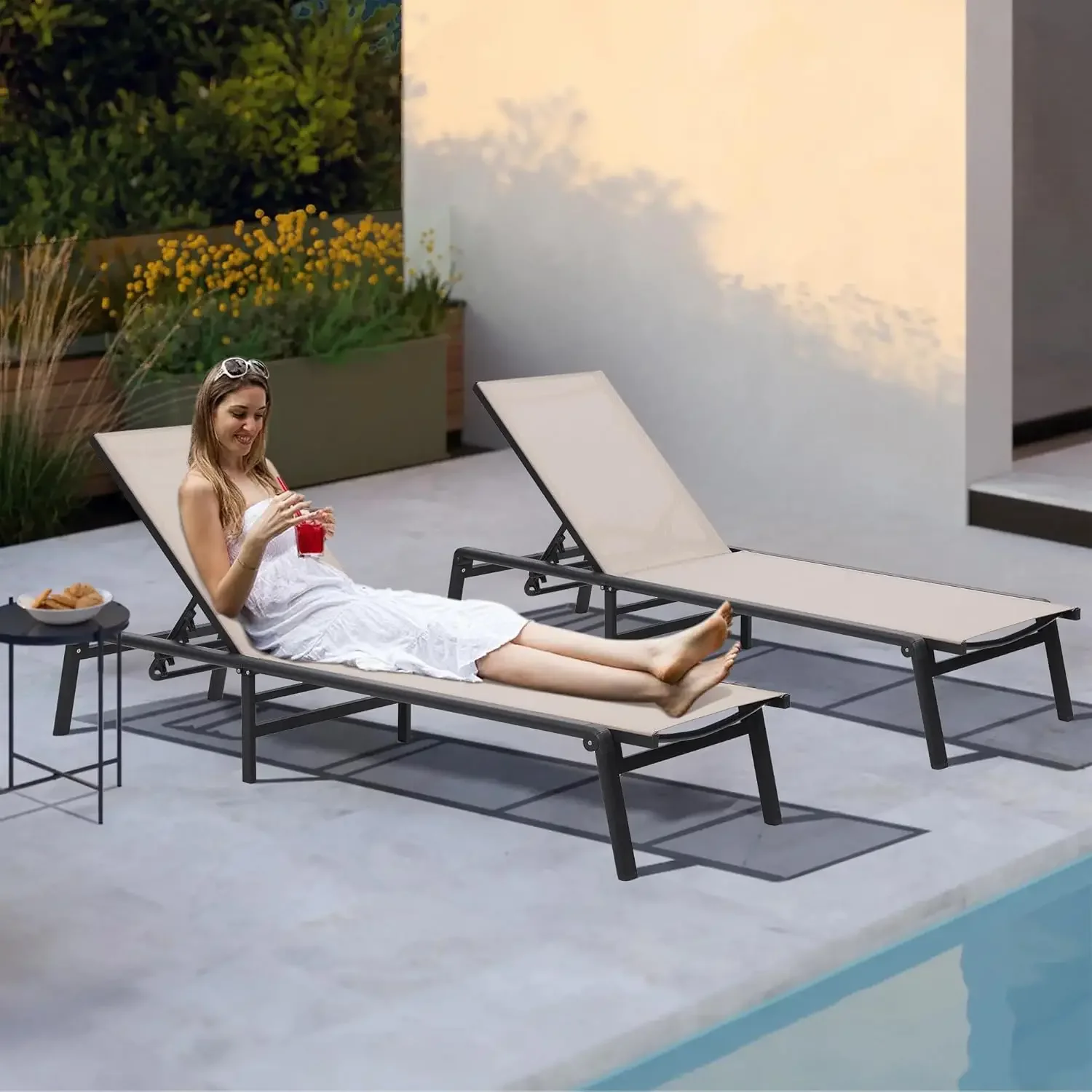 Set of 2 with 5 Adjustable Backrest, No Assembly Required, Lightweight, Foldable, Portable Chair Furniture for Pool, Deck, Lawn