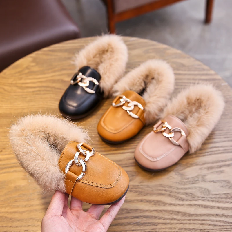 Luxury brand kid fur slippers boot retro antislip cotton shoe boy loafers winter plush kid shoe warm home shoe fashion girl shoe