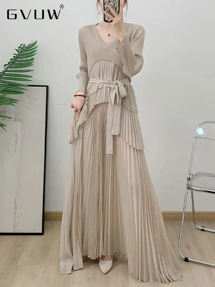 GVUW Pleated Patchwork Dress Women Lace-up A Line Full Sleeve Round Collar Evening Party Chic Style New Long Dresses 17G8486