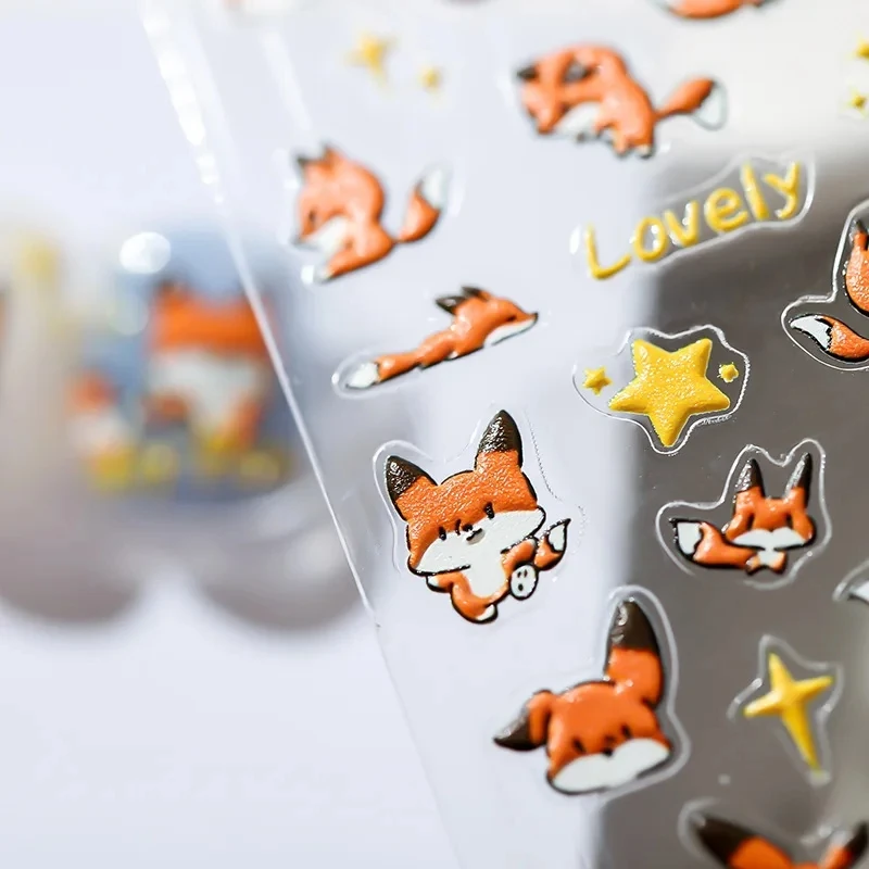 Lovely Red Fox Cartoon 5D Soft Reliefs Self Adhesive Nail Art Stickers Cute 3D Nail Decoration Decals Wholesale Dropshipping