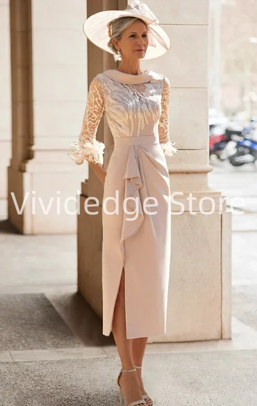 Customized Sheath Bridal Mother Dress Elegant Simple High Neck Long Fabric 3/4 Long Sleeve with Feather Lace Ruffle فستان