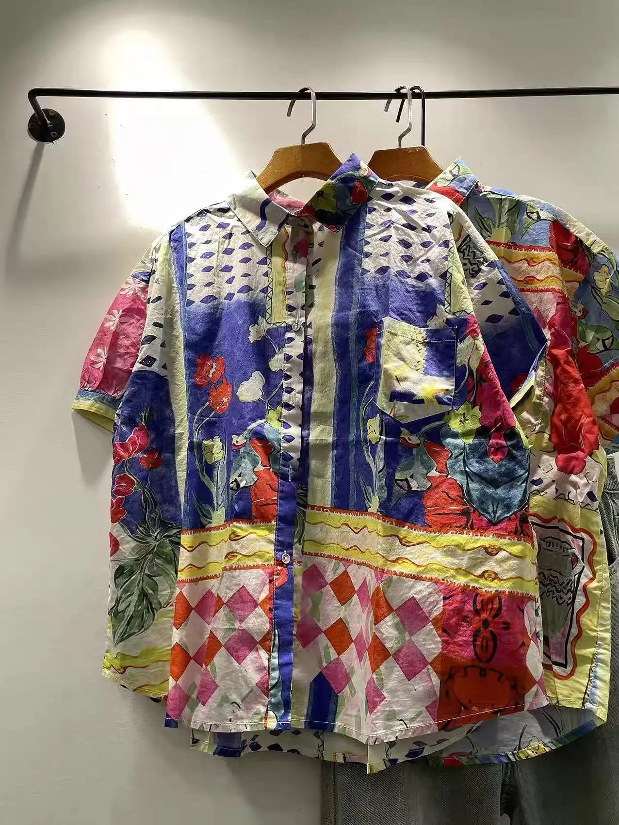 Bust 118cm bohemian design blue pink geometric print oversized shirts and blouses for women summer pure cotton boho shirts