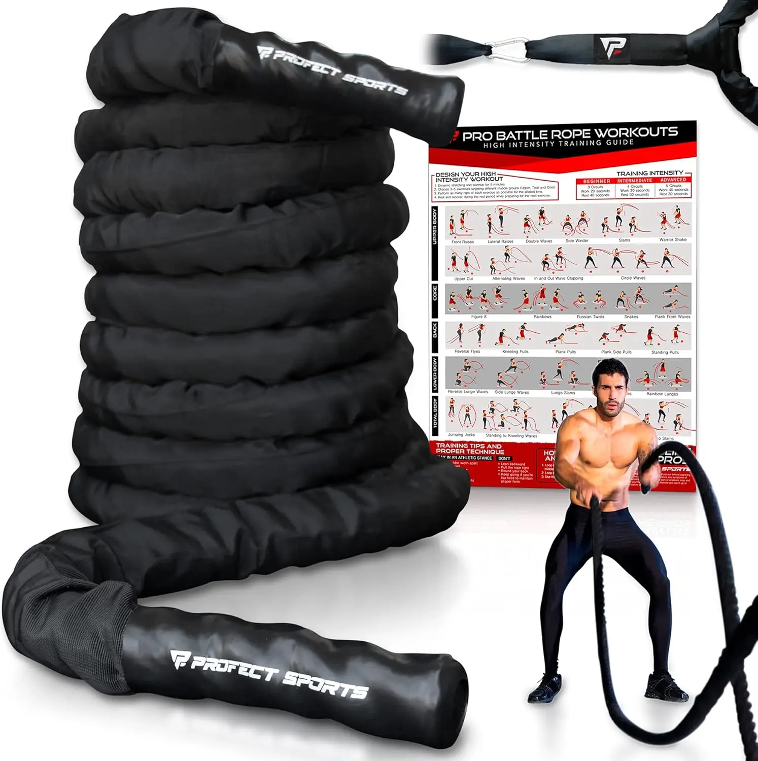 

Pro Battle Ropes with Anchor Strap Kit and Exercise Poster – Upgraded Durable Protective Sleeve – 100% Poly Dacron Heavy Battle