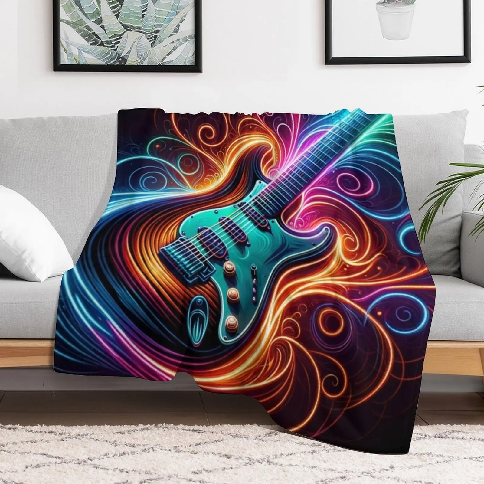 Neon Groove - Electric Guitar Vibes Throw Blanket Air Conditioner Soft Blanket for Office Home