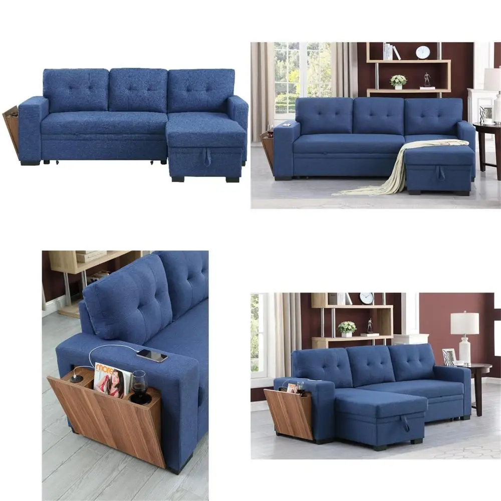 

Reversible Sleeper Sectional Sofa Bed with Side Compartments in Blue for Comfortable Seating and Storage