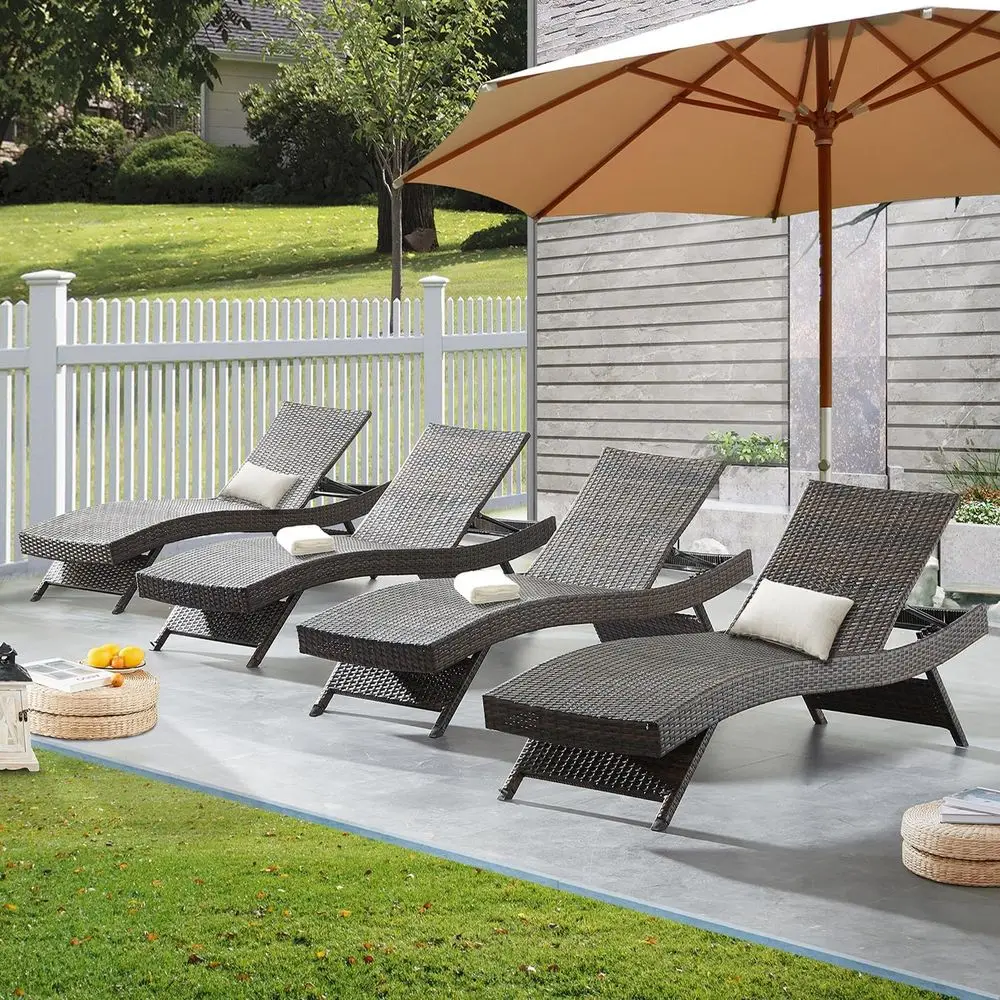 

Комплект из 4 плетеных шезлонгов-реклайнеров, уличные стулья из ротанга для отдыха у бассейна, в саду и на заднем дворе, в смешанном коричневом цвете