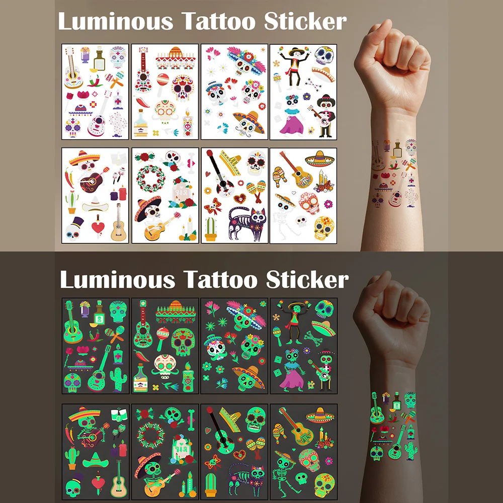 

Halloween glowing tattoos, funny faces, pumpkins, full moon nights, terrifying glowing faces, body stickers, ghost spider webs,