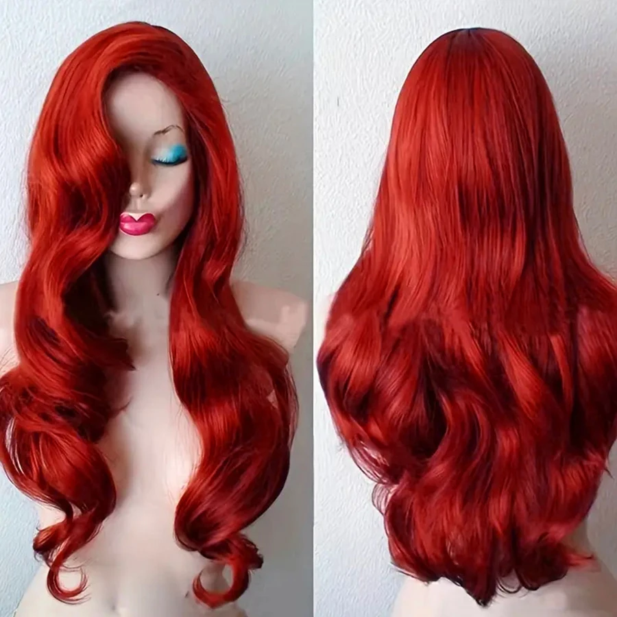 Womens Copper Red Wavy Wigs Jessica Rabbit Long Curly Ladies Hair Cosplay Synthetic Wig