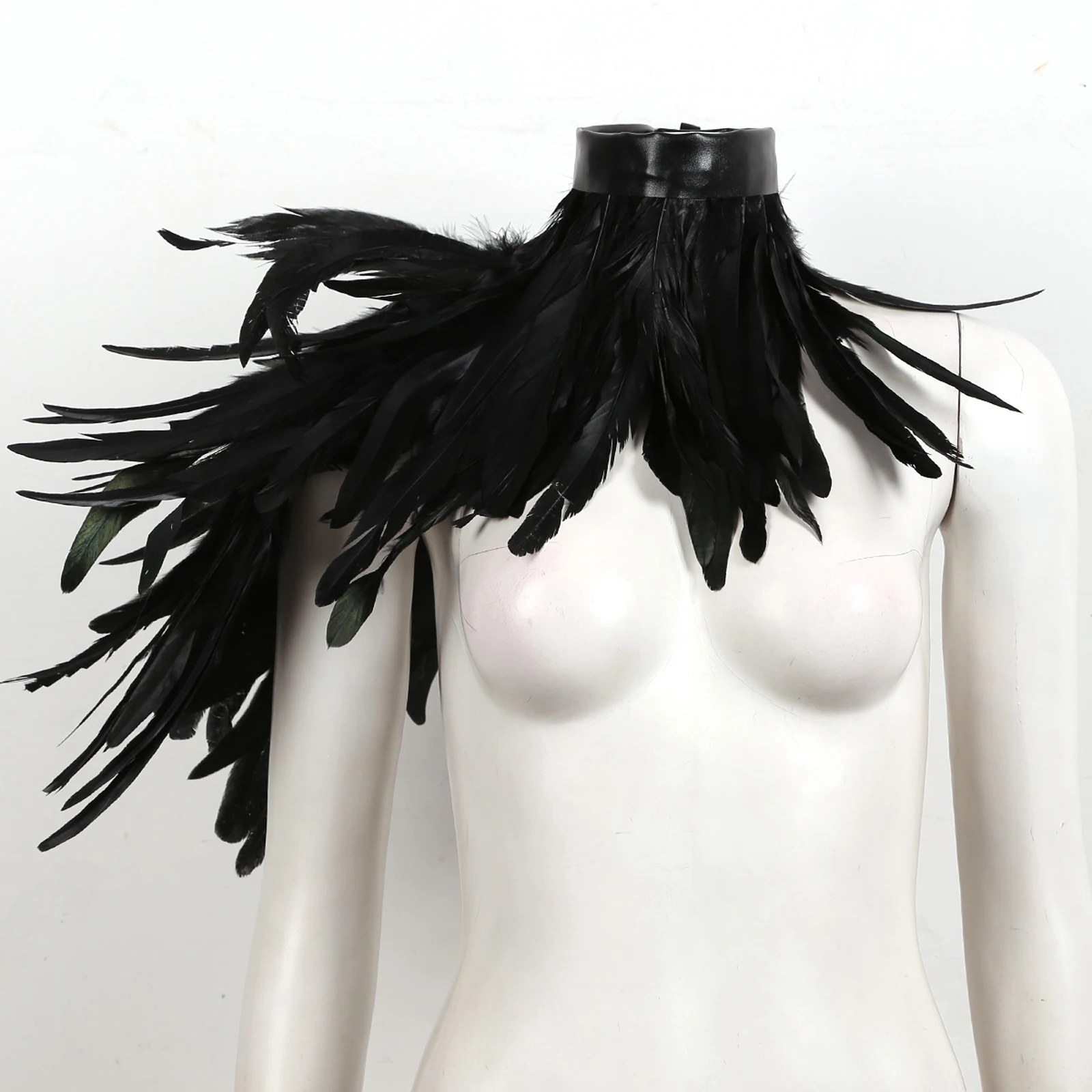 MSemis Punk Gothic Black White Feather Cape One Shoulder Shrug Shawl Wings Choker Collar Party Halloween Performance Show Decor