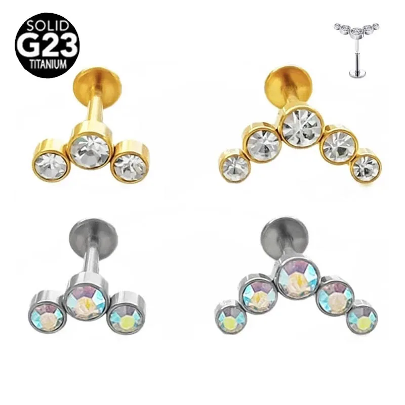 

G23 Titanium 16G Bezel Set Push in Labret Stud CZ Gem Tragus Cartilaged Conch Earring Lip Ring Internally Threaded Piercing