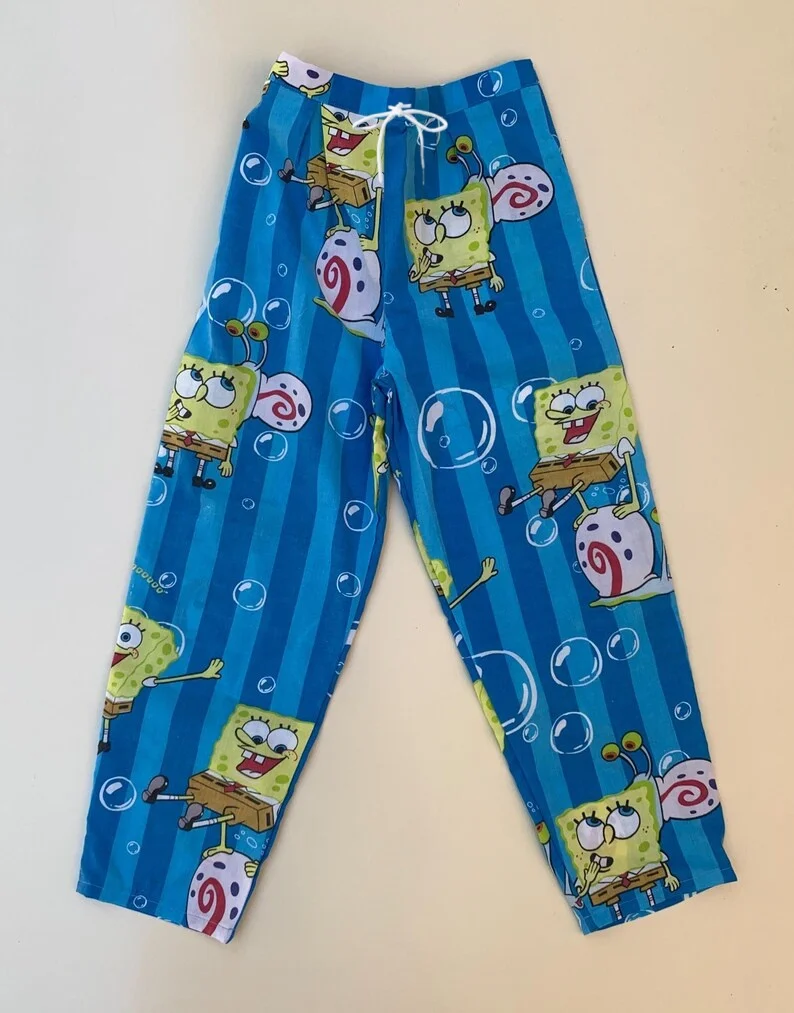 SpongeBob SquarePants Blue Striped Cartoon Home Pants Lazy Style Wide Leg Sleepers Casual Pants