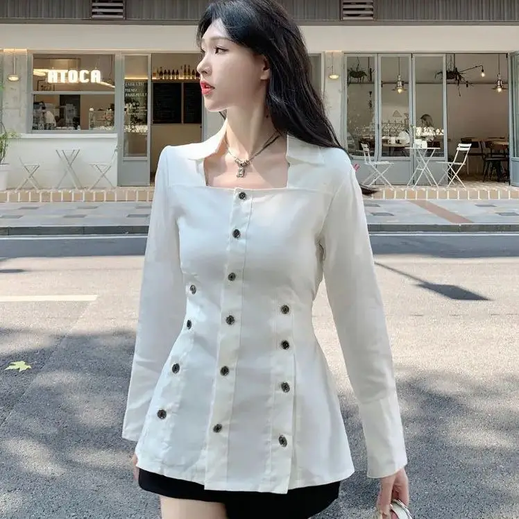 Koreanische Advanced Sense Frauen Knopf elegante Gürtel Bluse neue quadratische Kragen Langarm Loose Fit Shirt Mode Herbst