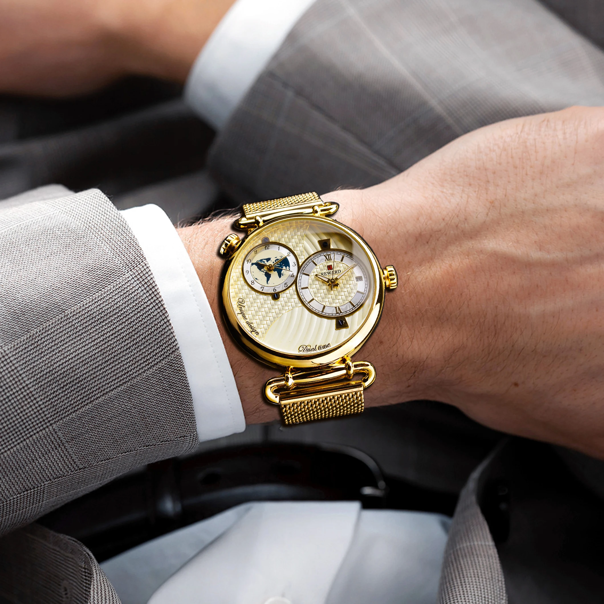 REWARD Gold Watches Men Multiple Time Zone Display Quartz Wristwatch Business Clock Man Luxury Watch