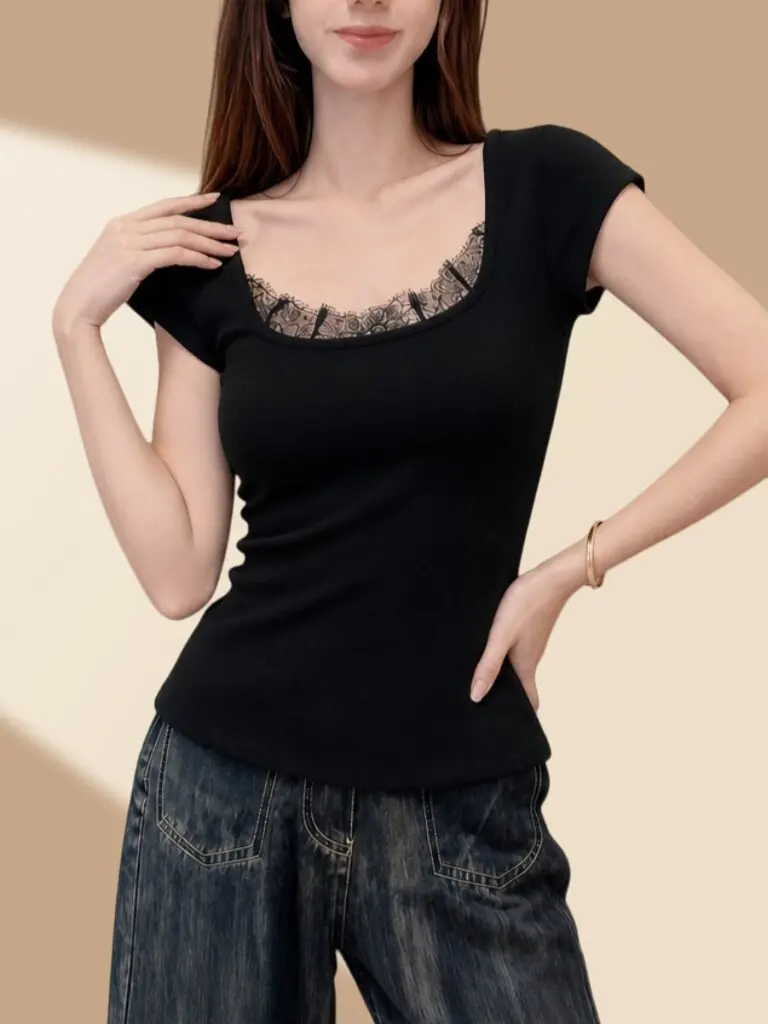Slimming Large Size T-Shirt Women's Summer New Lace Splice Short Sleeve Square Collar Covering Underarm Breathable Skin-Friendly