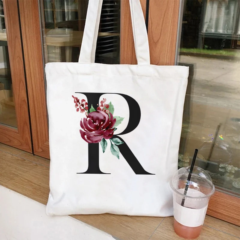 White 26 Alphabet Flower Style Wome's Tote Bags Reusable Vintage Handbag High Capacity Shopping Casual Fashion Shoulder Bag