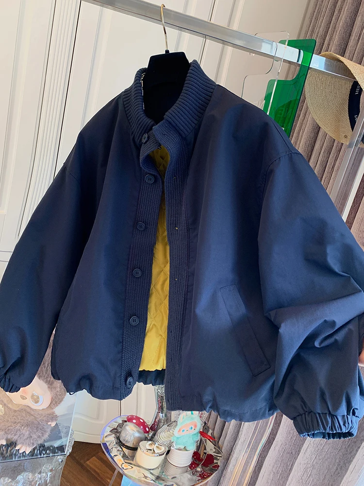 

Ele Knitted Cotton Jaet Stand Collar Patchwork Loose Fit Men's Autumn Winter Warm Unique Faion Outerwear Coat