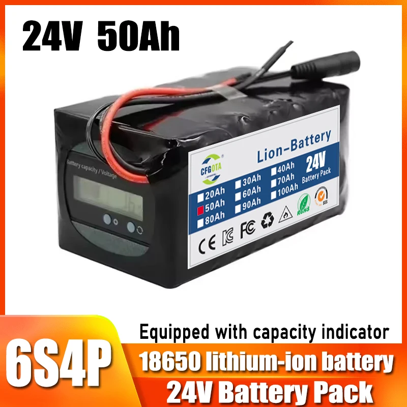 24V 50Ah lithium-ion battery, 6S4P rechargeable battery pack, with BMS protection board, charger, and capacity indicator