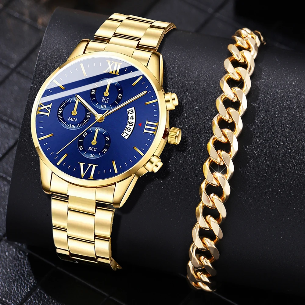 2PCS Men's Watch Set Fashion Business Simple Dial Quartz Watch Bracelet Jewelry Set The Perfect Holiday Gift