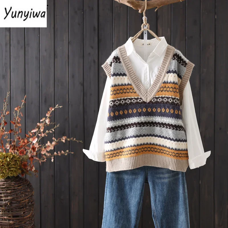 

Women Sweater Vest Argyle Knitted Vintage Female Fashion Simple Chic Tops V-neck Loose Autumn Winter Jumper Korean Style Casual