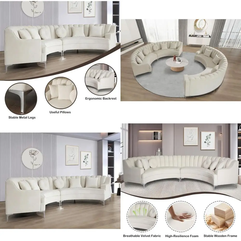 

Oversized Velvet Curved Sectional Sofa for Living Room or Office, Cream
