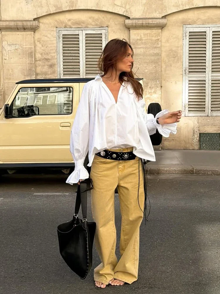 Women White V Neck Tie Front Lantern Sleeve Shirt Loose Fit Ruffle Cuff Blouse Chic Elegant Casual Streetwear Top