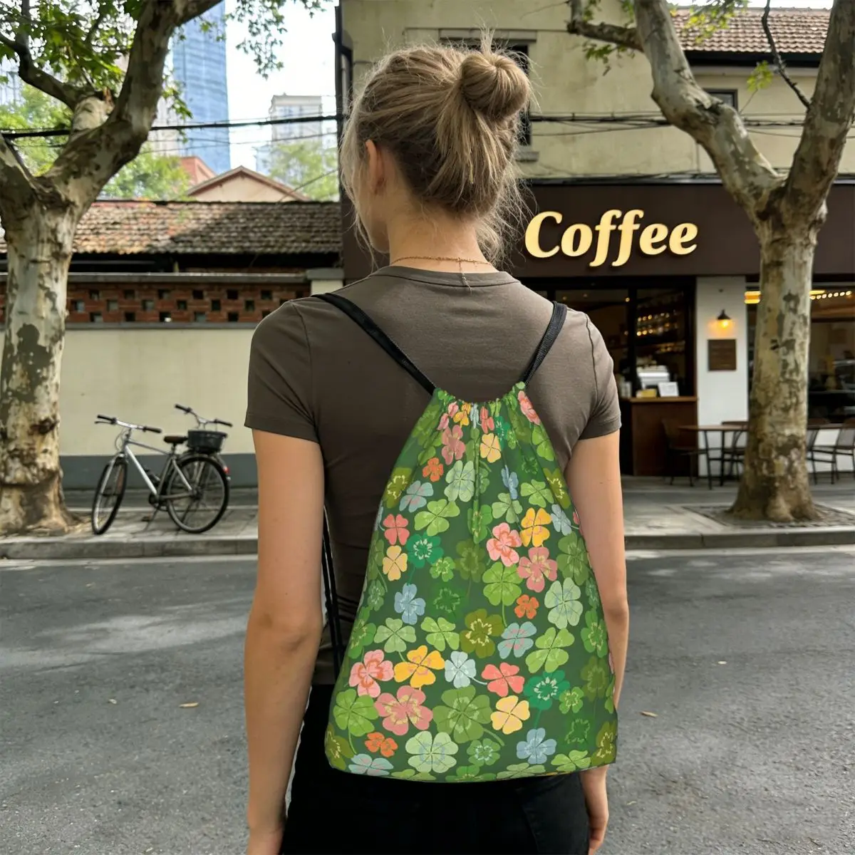 Four Leaf Grass And Golden Grass Pattern Backpacks Casual Drawstring Bundle Pocket Sundries Bag Book Bags for Travel Students