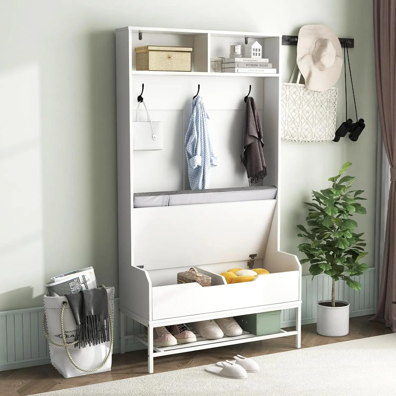 69 Inch Hall Tree Coat Rack Bench & Shoe Storage, Cushion Compartments Hooks Lift-top Entryway Anti-toppling, Customized
