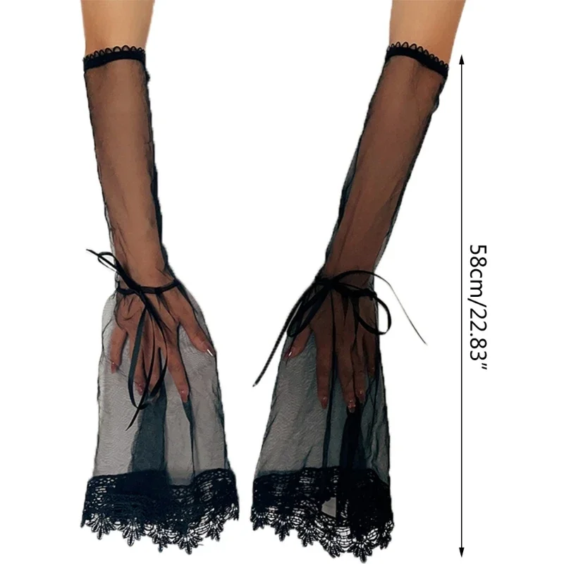 Decorative Cuff Sleeves Black Long Lace Gloves Halloween Cocktail Party Dress Up