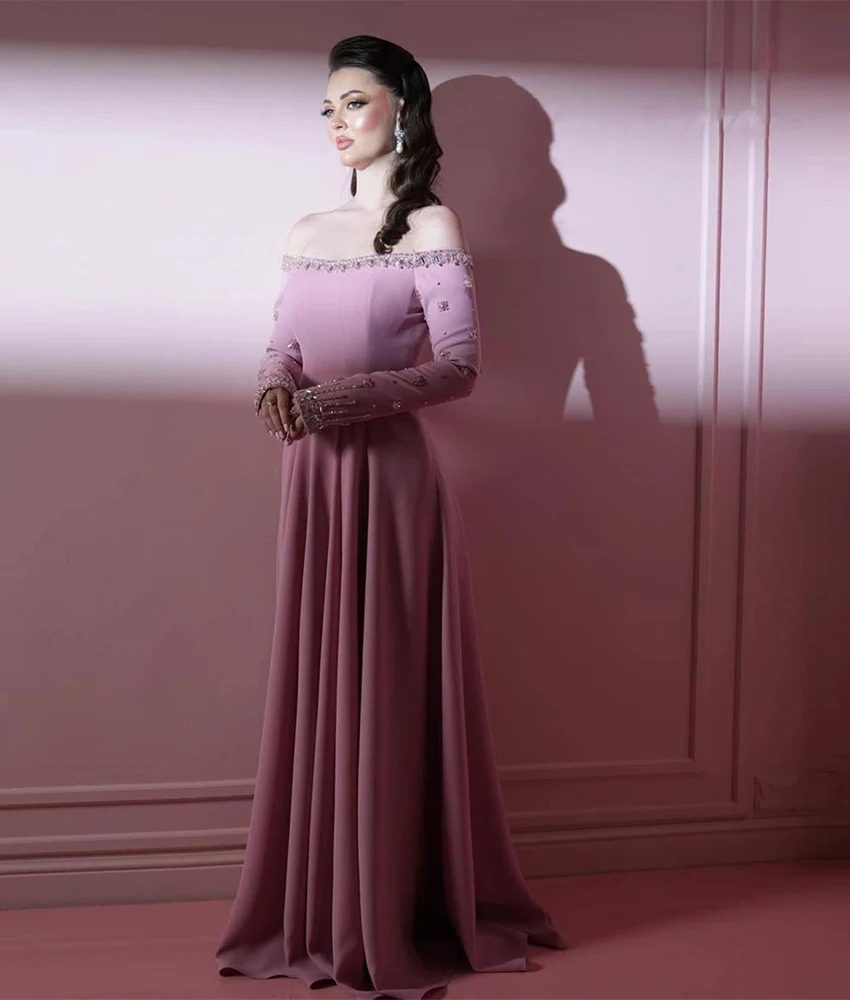 

Customized Exquisite Jersey A-Line Off the Shoulder Sequined Crystal Beading Evening Dress Sexy Long Sleeves prom dresses