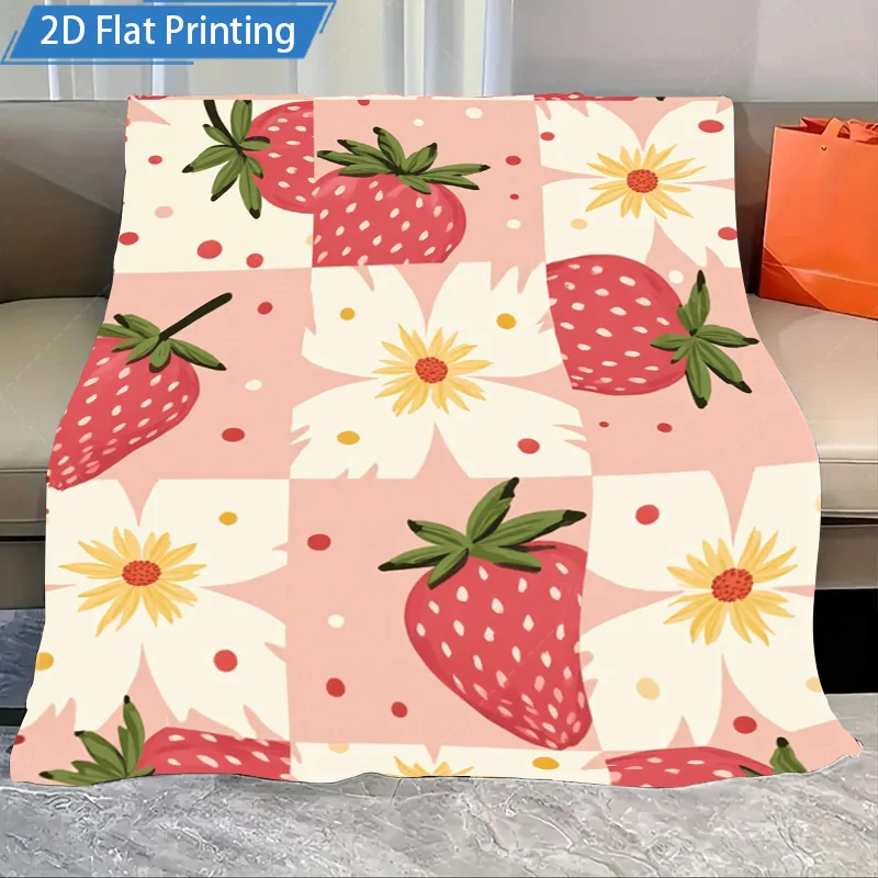 1pc Flannel Blanket Strawberry Flower Print Blanket Soft Cozy Throw for Living Room Bed Decor 2D Flat Printing Design