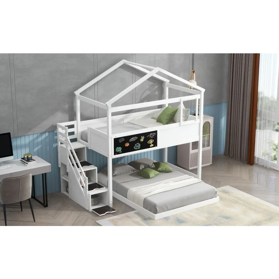 Twin over Full House Bunk Bed with Storage Staircase and Blackboard White Old SKU: GX001701AAK