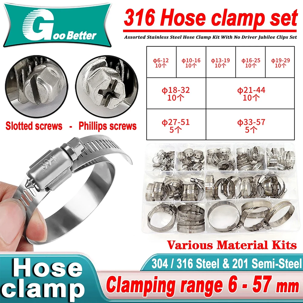 80pcs Assorted Stainless Steel Hose Clamp Kit With No Driver Jubilee Clips Set Automotive Pipes Clip Fixed Tool