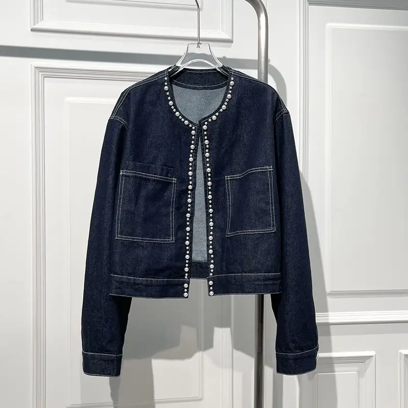 Spring Autumn New Round Neck Pearl Denim Jacket Outwear Women's Single-Breasted Top Line Loose All-Match Jeans Short Jacket Tops