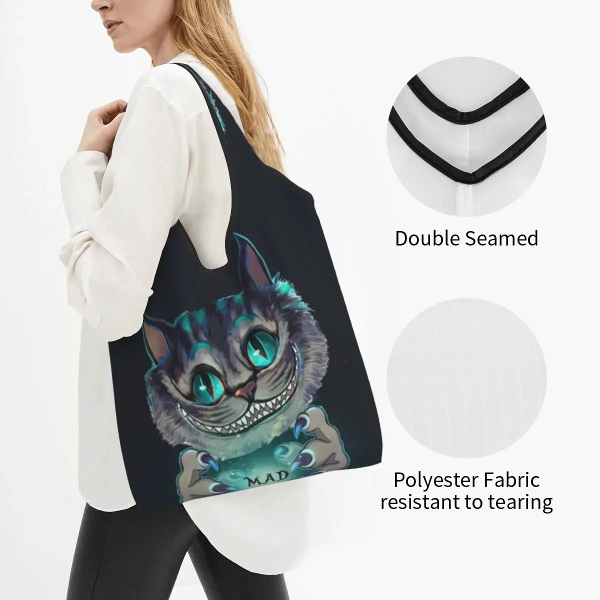 Custom Funny Printed Mad Cheshire Cat Shopping Tote Bag Portable Shoulder Shopper Handbag