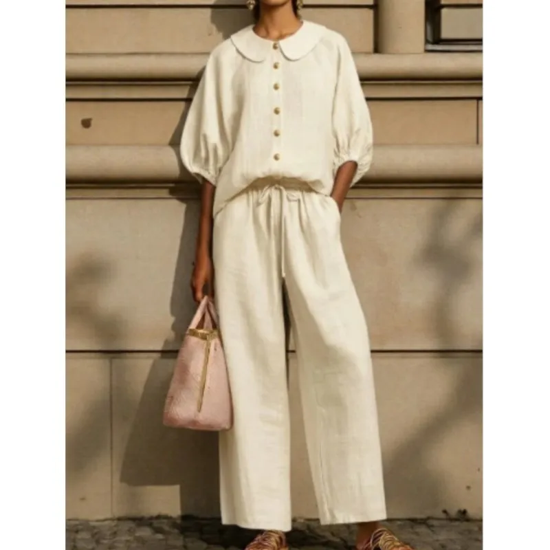 

Women's Casual Solid Color Cozy Pant Set Chic Laple Short Sleeve Shirt Elasticity Waist Pant Suit Women New Two Piece Set