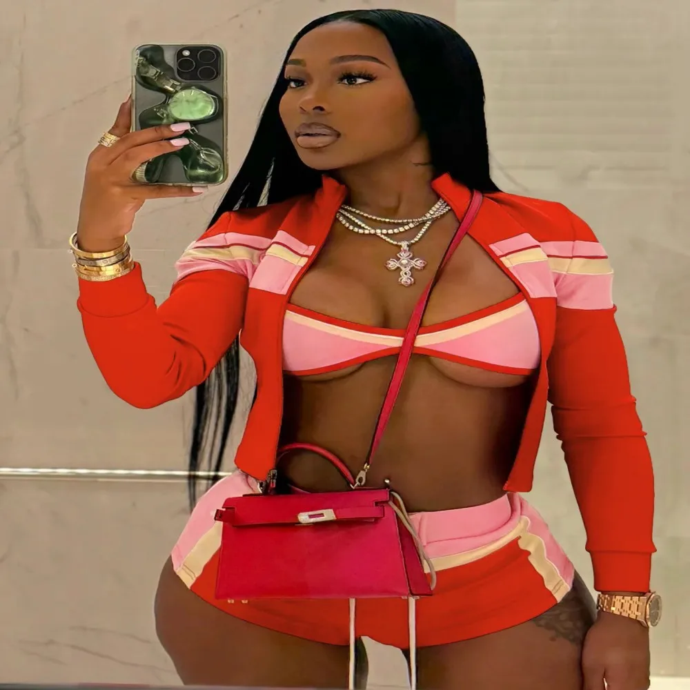 

Patchwork 3 Piece Set Women Zip Crop Tops+Bra+Shirring Mini Shorts Matching Casual Streetwear Stretch Slim Tracksuit