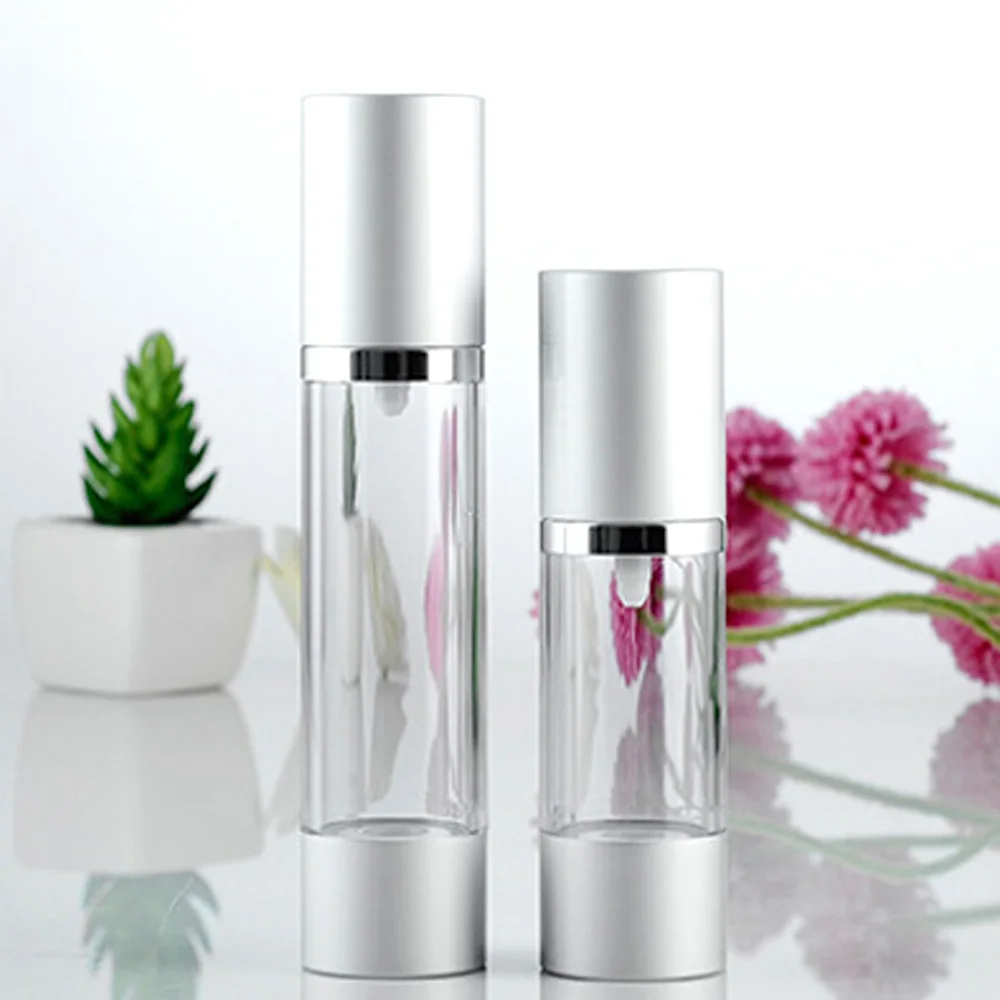 

30ml&50ml capacity matte silver color round shape acrylic material alumite Vacuum lotion bottle with duckbilled pump and cap