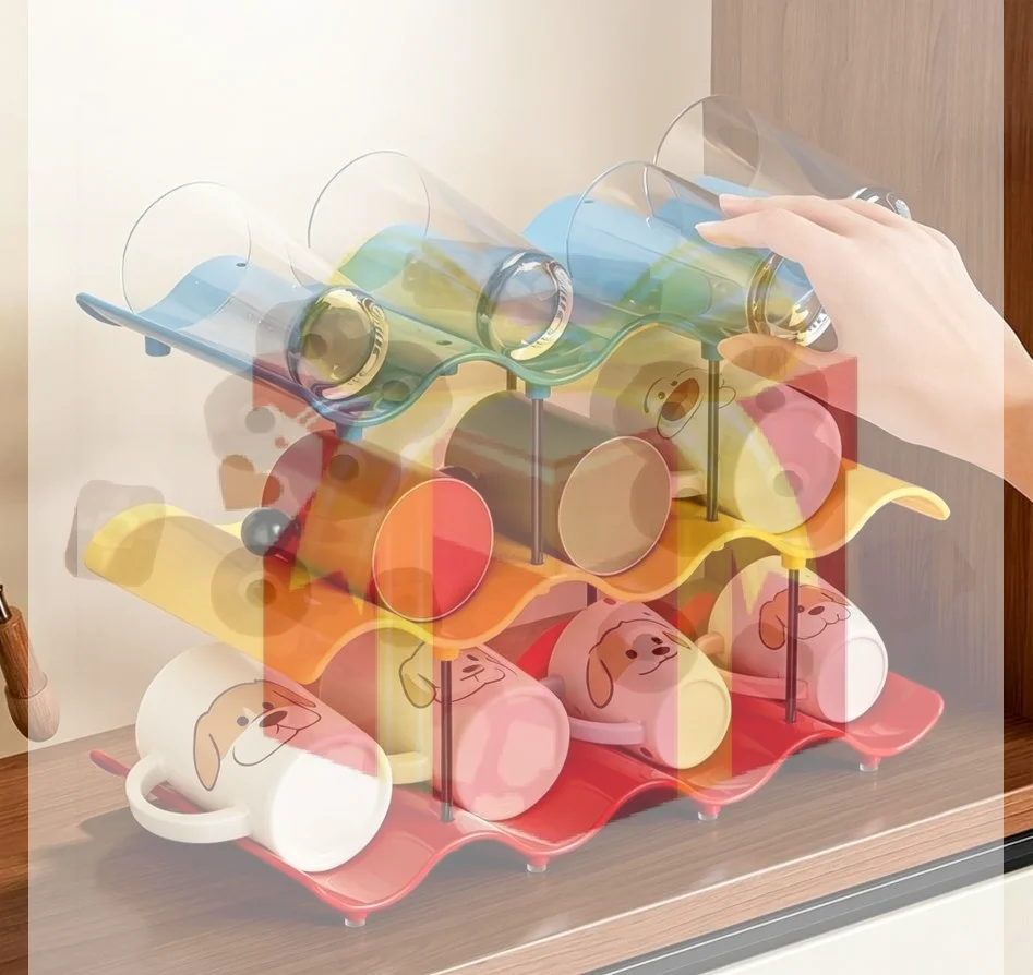 

【HG】Stackable Colorful Plastic Cup Drying Rack Wave Shaped Mug Organizer For Kitchen Cabinet