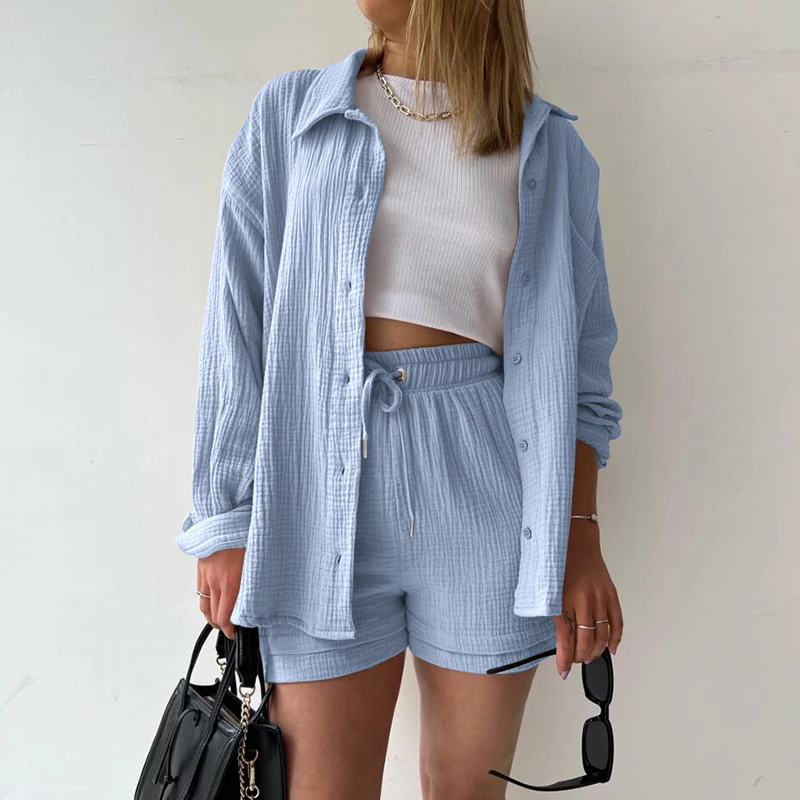 Lace-up Wide Leg Short Pants Wrinkled Loose Long Sleeve Pockets Shirt And Blouses 2-Pieces Solid Casual Sets Thin Woman Clothes