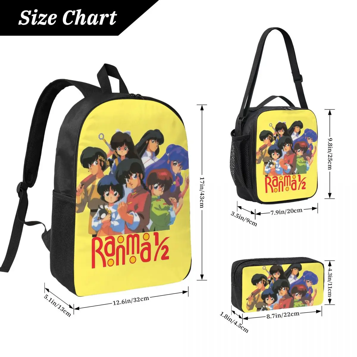 

Ranma 1/2 Saotome Pig Girls Backpack Student Boys Girls BookBag School Bag Shoulder Bags 3ps Insulated Lunch Bag Pencil Case